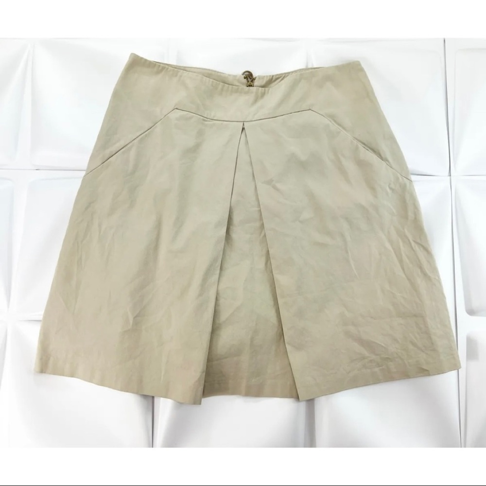 Michael Kors Sz 10 Khaki Chino A Line Pleated Front Skirt Career Work Logo Zip